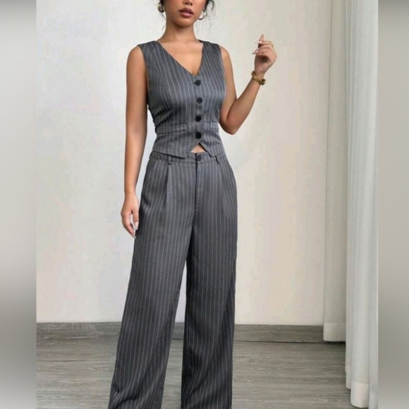 Gray Pinstripe Women's Pantsuit - Picture 2 of 5